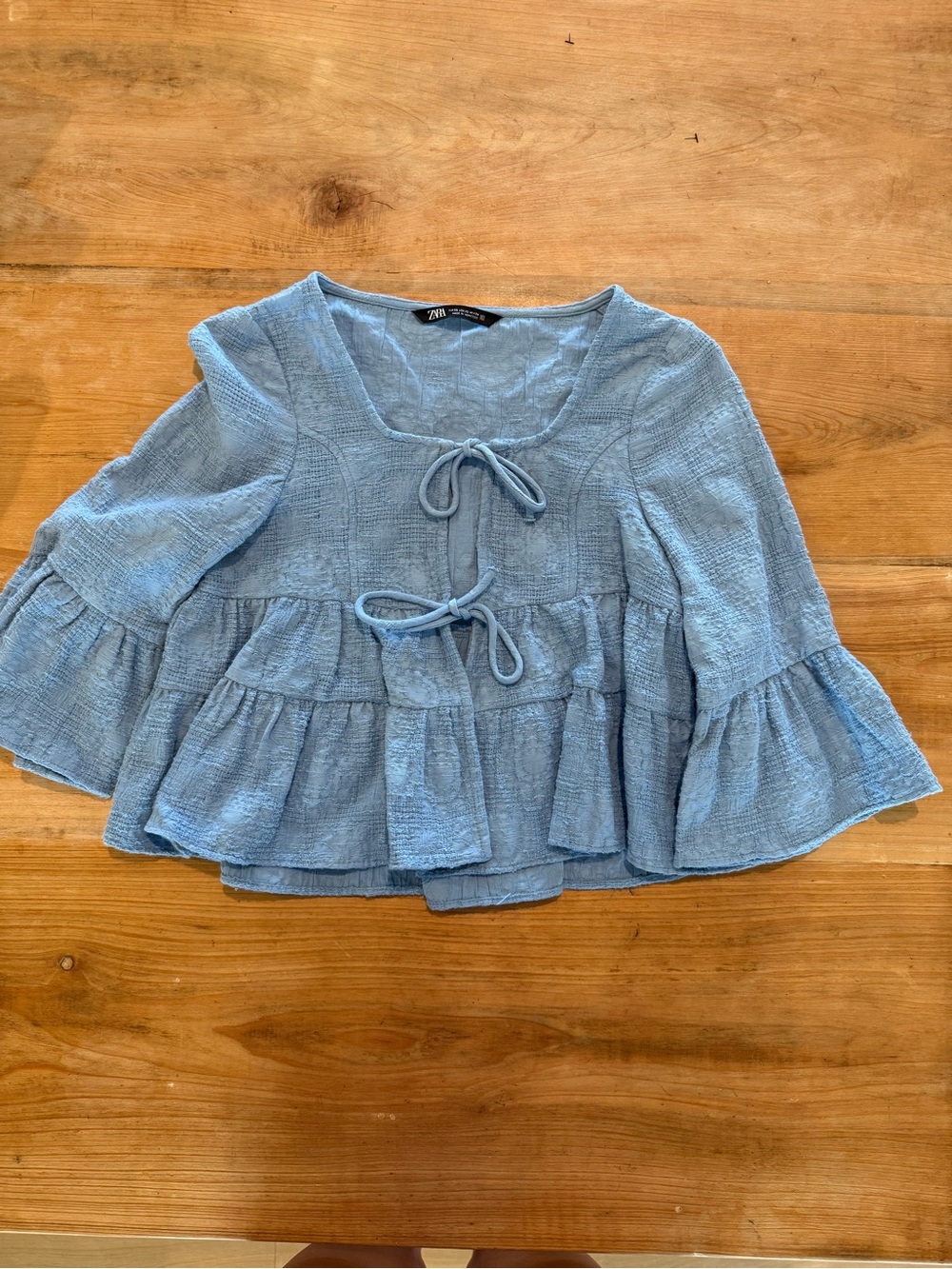 Zara Light Blue Textured Tie Front Peplum Blouse XS
